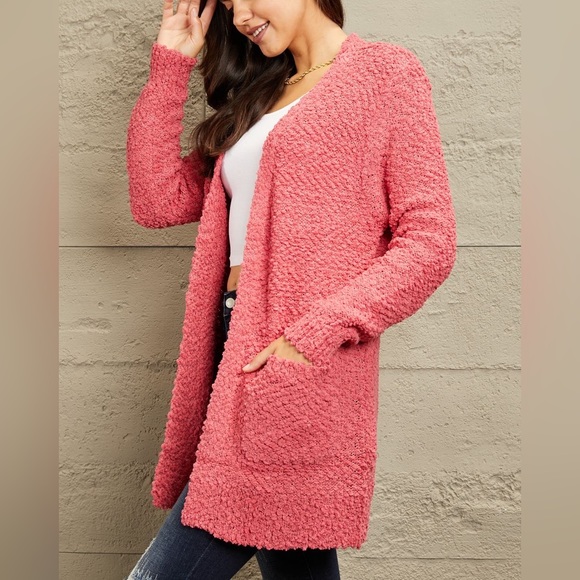 SALE! Zenana Falling For You Full Size Open Front Popcorn Cardigan in Coral Pink - Picture 4 of 6